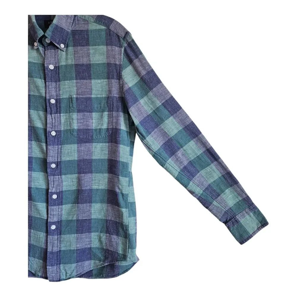 J. CREW Men's S Homespun Shirt Blue Green Check Button Up Long Sleeve Cotton